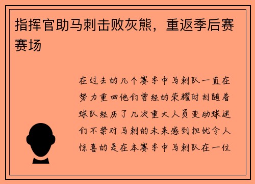 指挥官助马刺击败灰熊，重返季后赛赛场