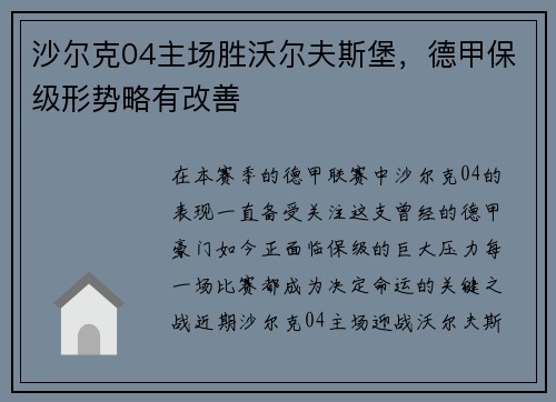 沙尔克04主场胜沃尔夫斯堡，德甲保级形势略有改善