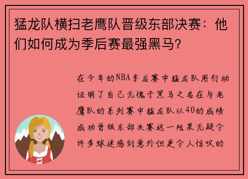 猛龙队横扫老鹰队晋级东部决赛：他们如何成为季后赛最强黑马？